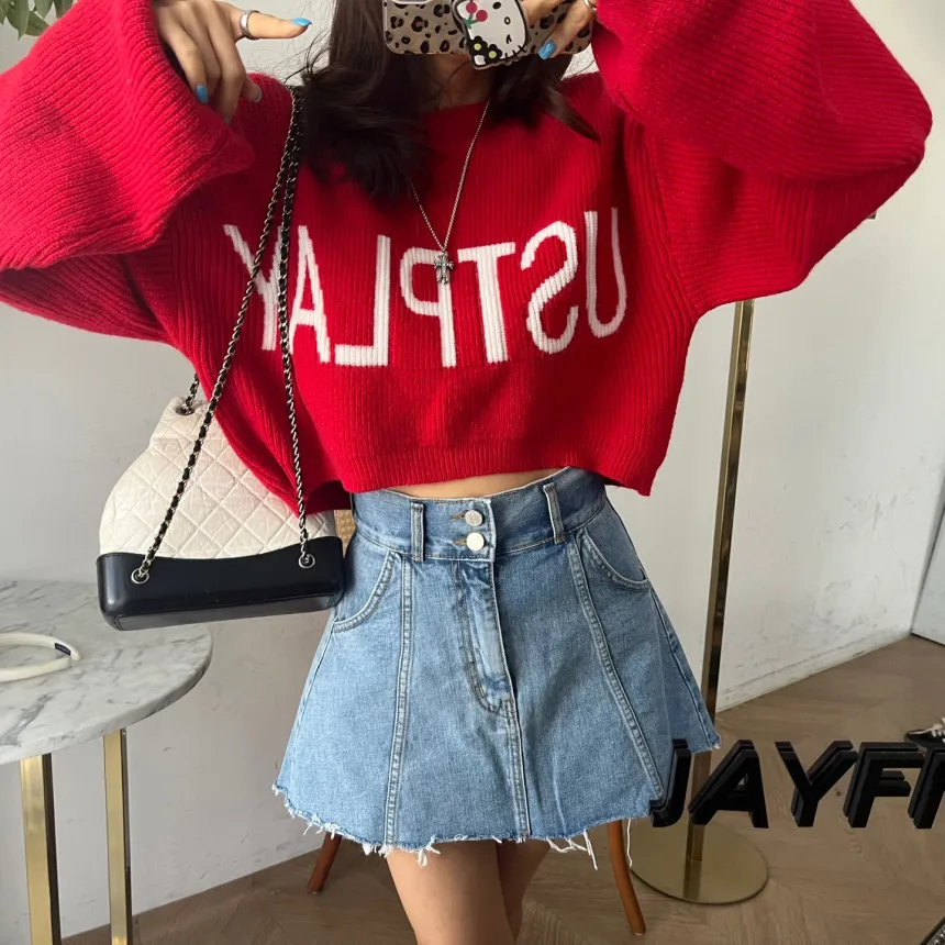 SML Blue Denim กระโปรง 2025 สไตล์อเมริกันสูงเอวกระโปรงมินิกระโปรงผู้หญิงสายกางเกงยีนส์กระโปรงสไตล์ (XHN1533