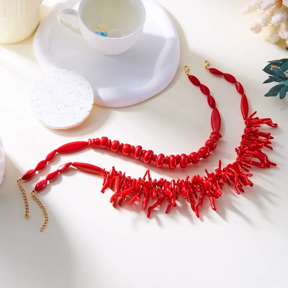 2pcs Set Fashion Personality Multi-layer Fold Wear Irregular Red Coral Hand-strung Beads Necklace Rings for Women Jewelry Sets
