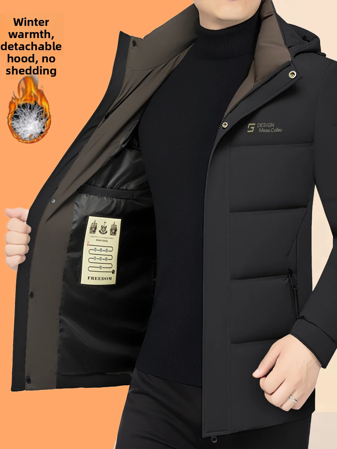 

Thickened Winter down Jacket for Men Removable Cap Business Style Warm Fitting White Duck Feather Coat Chinese Standard