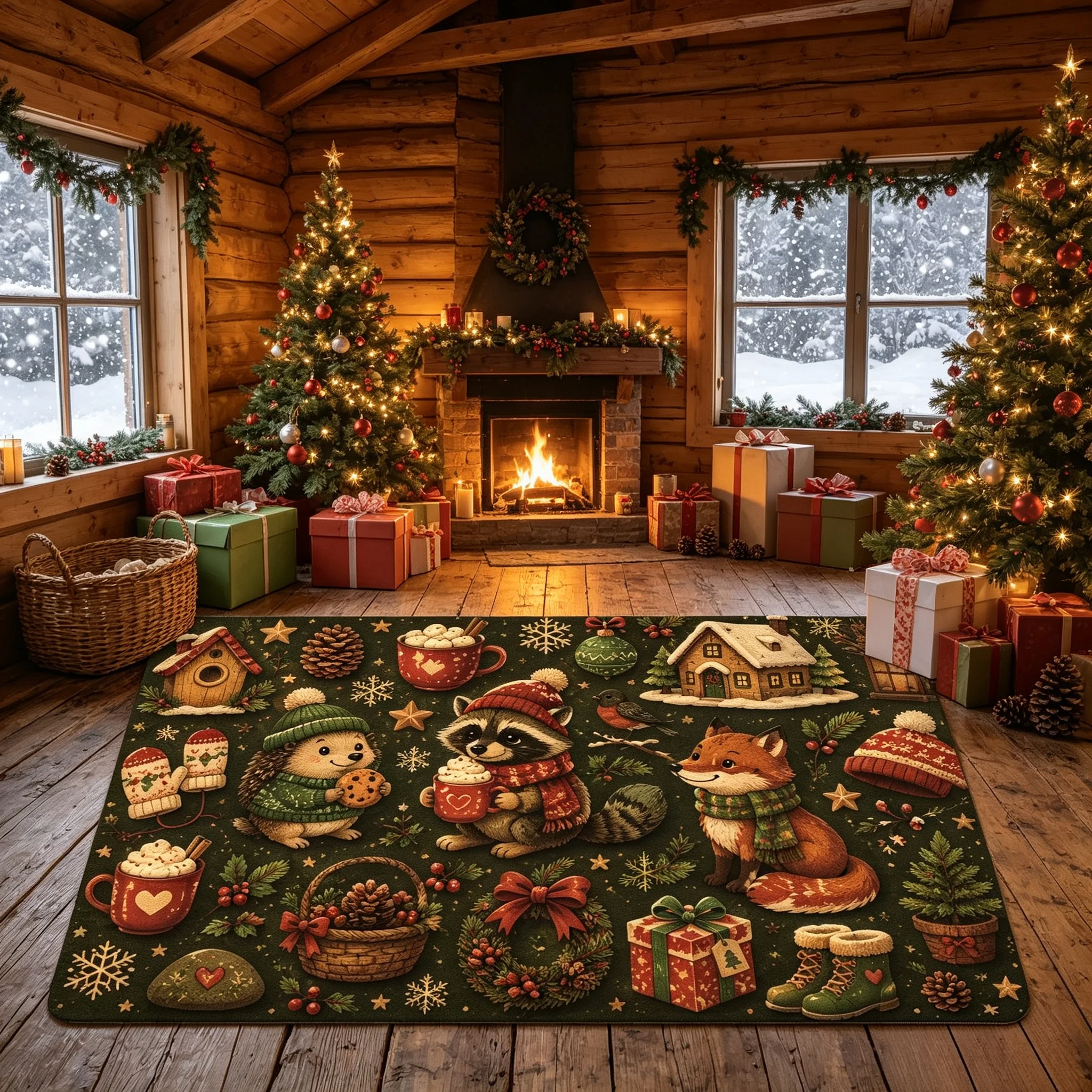 Xmas Green Woodland Animal Print Absorbent Dish Drying Mat Counter Pad For Holiday House Decoration