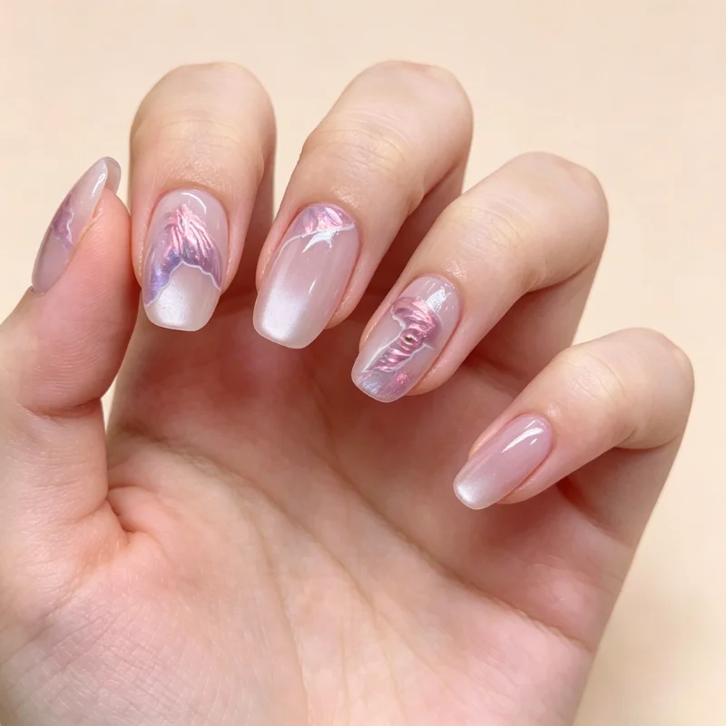 24pcs Purple Mermaid Press on Nails with Sticky Tabs Short Fake Nails Women False Nails with Tools Beautiful Prosthetic Nail Set