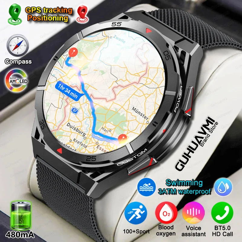 

2025New Outdoor Military Smart Watch Men GPS Track Waterproof 480mAH Health Monitor Bluetooth call 170+ Sport Fitness SmartWatch