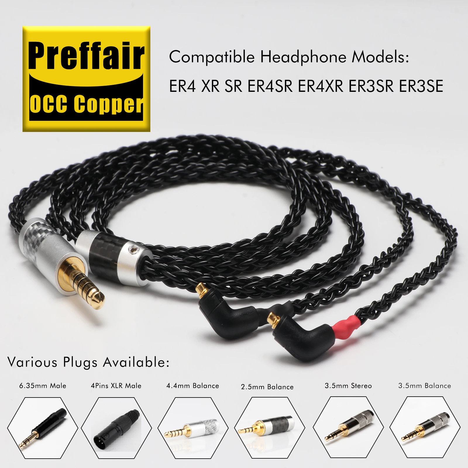 Preffair 7N OCC Headphone Upgrade Cable 8 Strands Braided 24K Gold Plated Connector for ER4XR ER4SR ER3SE ER3SR