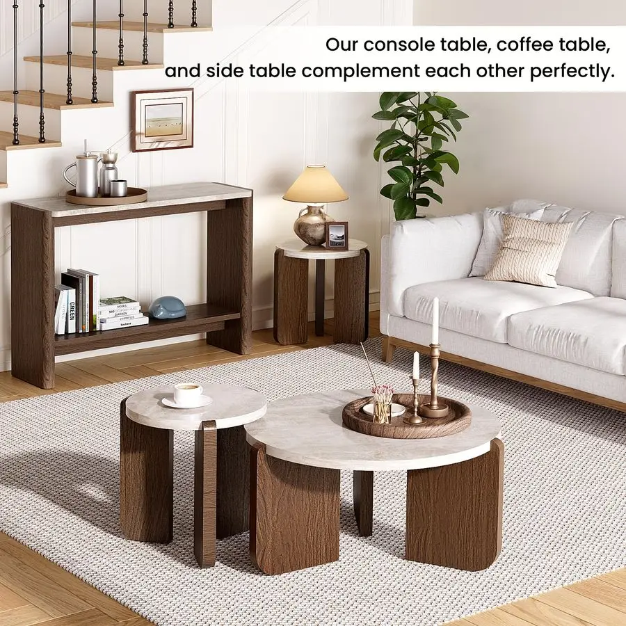 Coffee Table and End Table Sets, Round Marble Modern 3Piece Living Room Table Set for Office, Living Room, Apartment, Small Spa