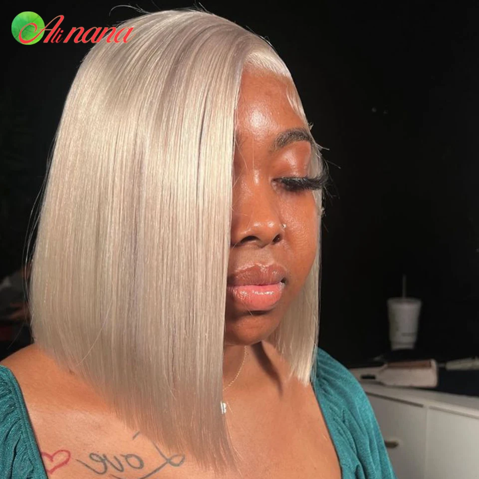 White Blonde Colored Short Bob Wig 13x4 Lace Front Wig Ash Blonde Bone Straight Remy Human Hair Wig For Black Women 180% Density