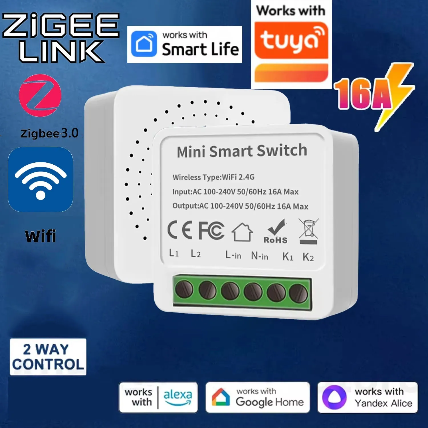 16A/20A Wifi / Zigbee 3.0 Mini Smart Switch Support 2-Way Control Smart Life APP Works With Tuya Alexa Google Home Yandex Alice