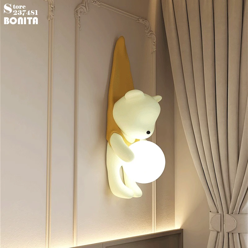 Cartoon Naught Bear Wall Lamp, Whimsical Nursery Lighting, French Cream Sconce for Kids Room, Mall, Cafe, Kindergarten Decor