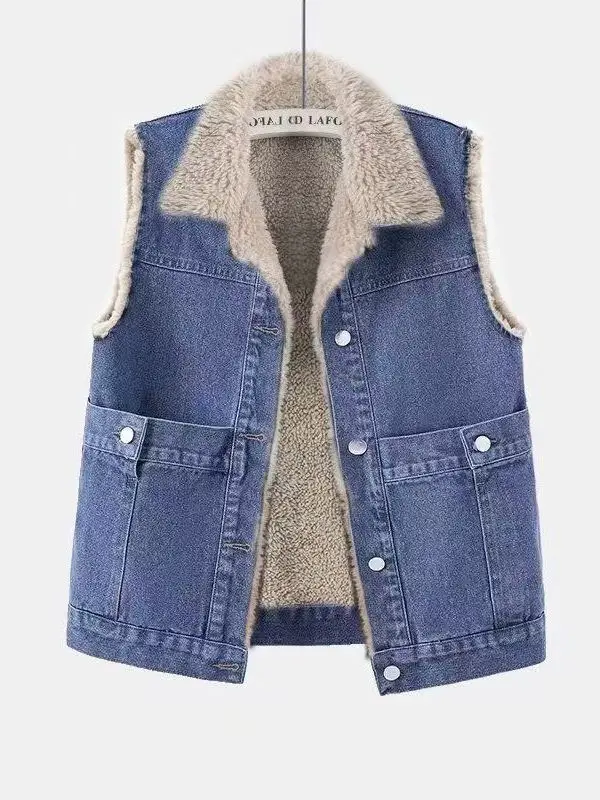 

Женский джинсовый жилет с подкладкой из овечьей шерсти, утепленный, в стиле пэчворк, свободного кроя, в корейском стиле, хлопковый жилет-пальто, осенне-зимняя мода