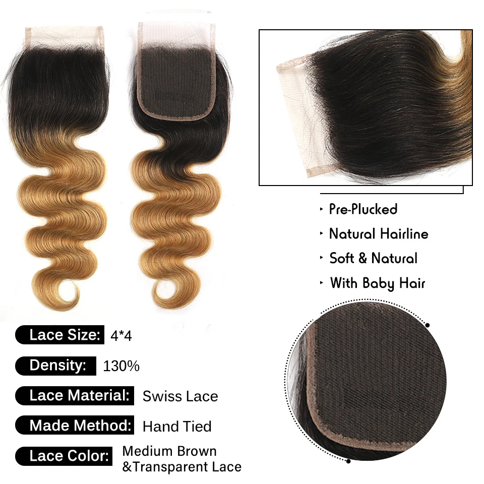 KCaroline Hair-Tissage en lot brésilien non Remy naturel Body Wave avec closure, blond ombré, 4x4, extensions capillaires