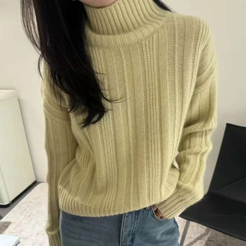 

2025 new 100% wool sweater pullover for women, knitted high neck fashionable short style, autumn and winter full sleeved sweater