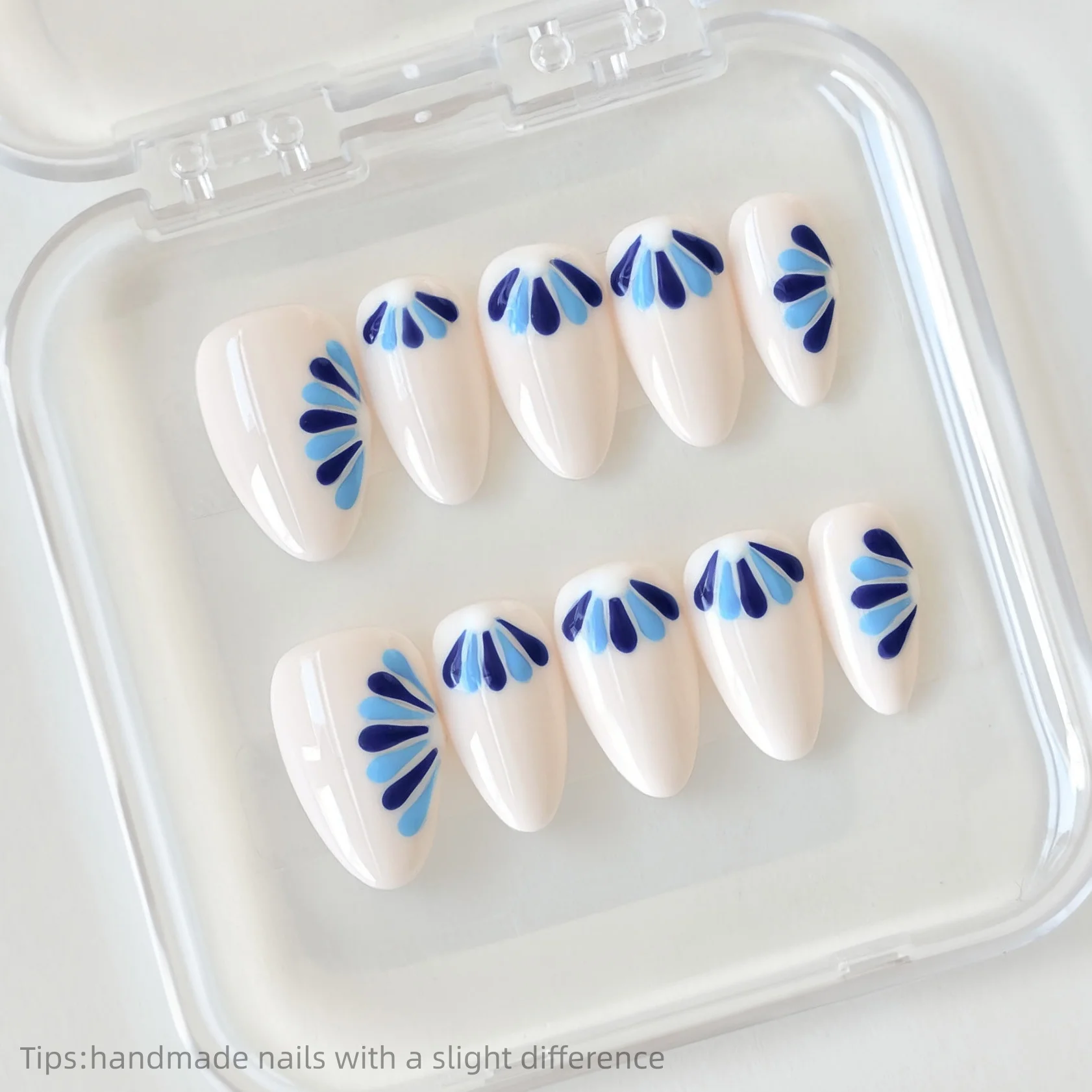 

10pcs Handmade White Blue Flower Pattern Press on Nails Almond Full Cover Wearable Reusable Elegant False Nails 2026
