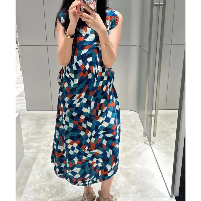 

Miyake Pleated Printed T-Shirt 2026 Summer New Fashion Skirt Set Short Sleeve Top Irregular Half Skirt Vacation Commuter Women