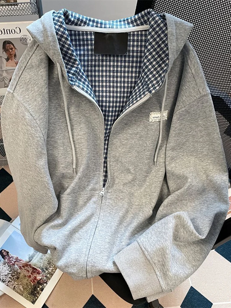 Jmprs Plaid Patchwork Vintage Hoodies Women Loose Preppy Style Gray Sweatshirts Fall Winter Loose Long Sleeve Sweet Korean Tops