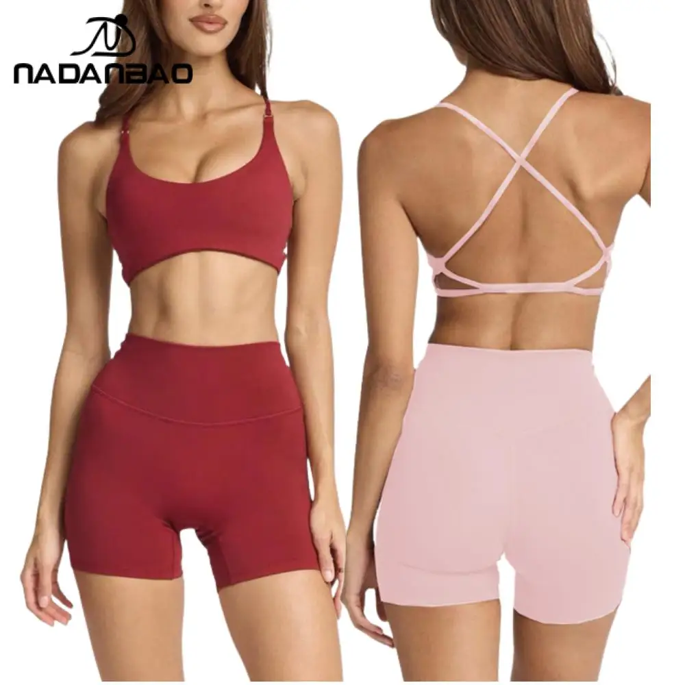 

Летний высокоэластичный комплект для йоги Nadanbao: женский топ с перекрестной спинкой и быстросохнущие спортивные шорты, высокоэластичные комфортные женские брюки