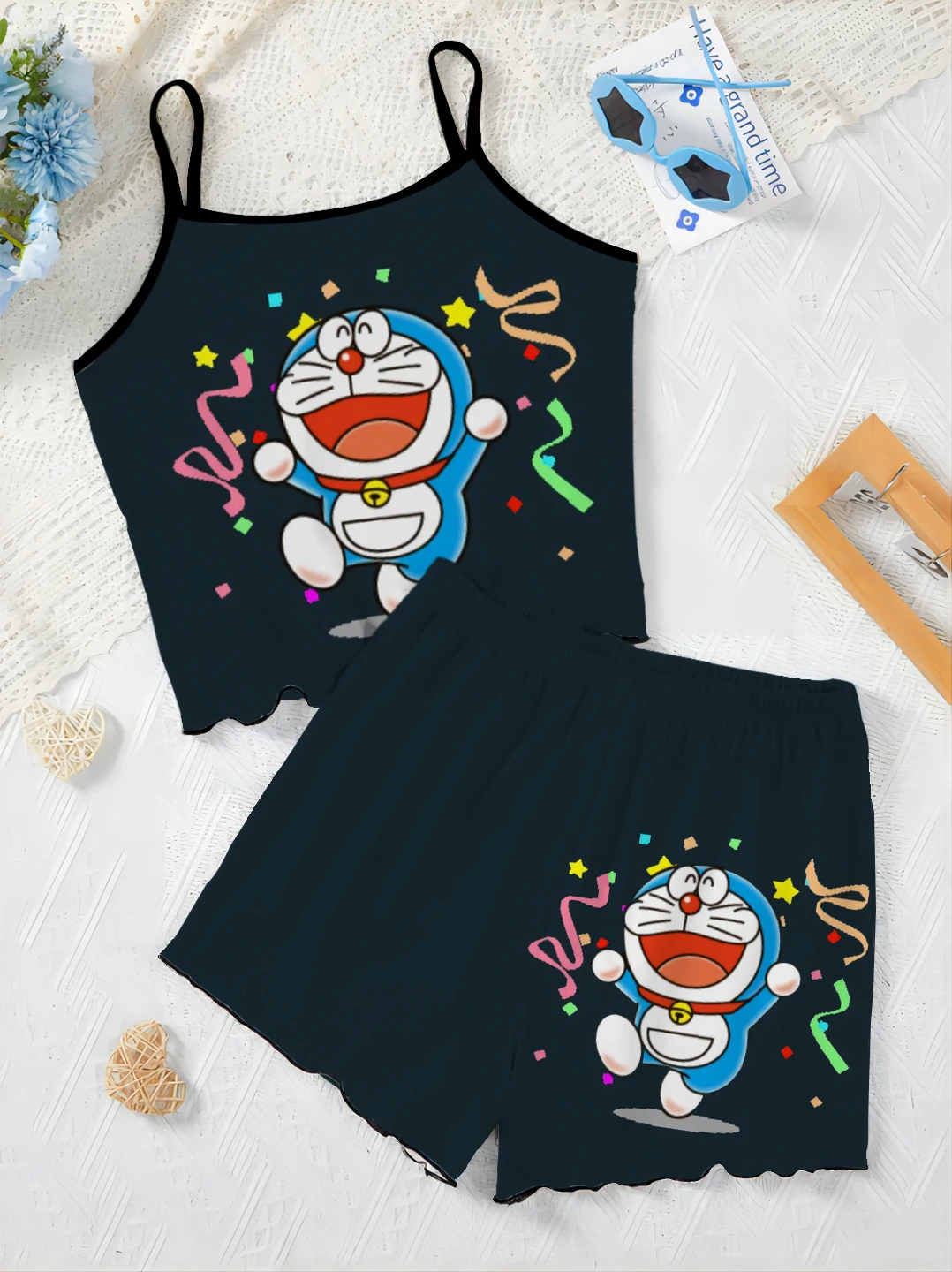 Short Sets for Women 2 Pieces Lettuce Trim Pajama Skirt T-shirt Doraemon Home Dress Women's Suit Top Vacation Outfits Woman 2024