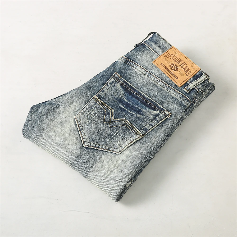 Italian Designer Men Jeans High Quality Retro Gray Blue Elastic Stretch Slim Fit Ripped Jeans Men Embroidery Vintage Denim Pants