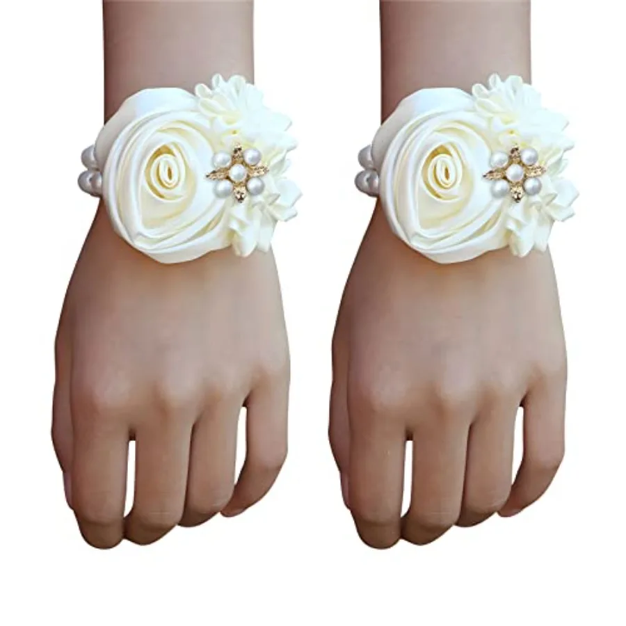 

Satin Rose Bridal Wrist Corsage 2pcs Set Hand Flower for Wedding Bride Bridesmaid Mother Sisters Wristband for Prom, Homecoming