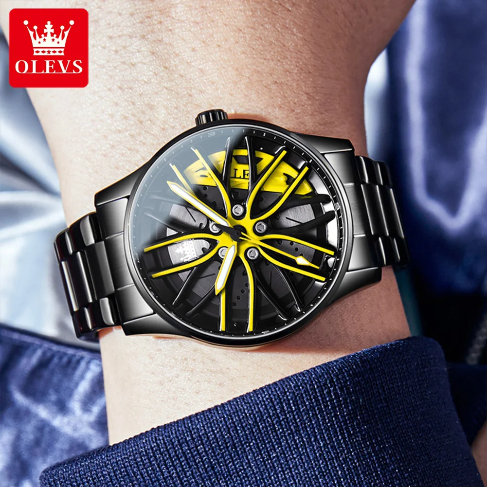 OLEVS-Reloj de pulsera de acero inoxidable para hombre, nuevo accesorio de pulsera de cuarzo con esfera giratoria hueca 3D, luminoso, color negro,