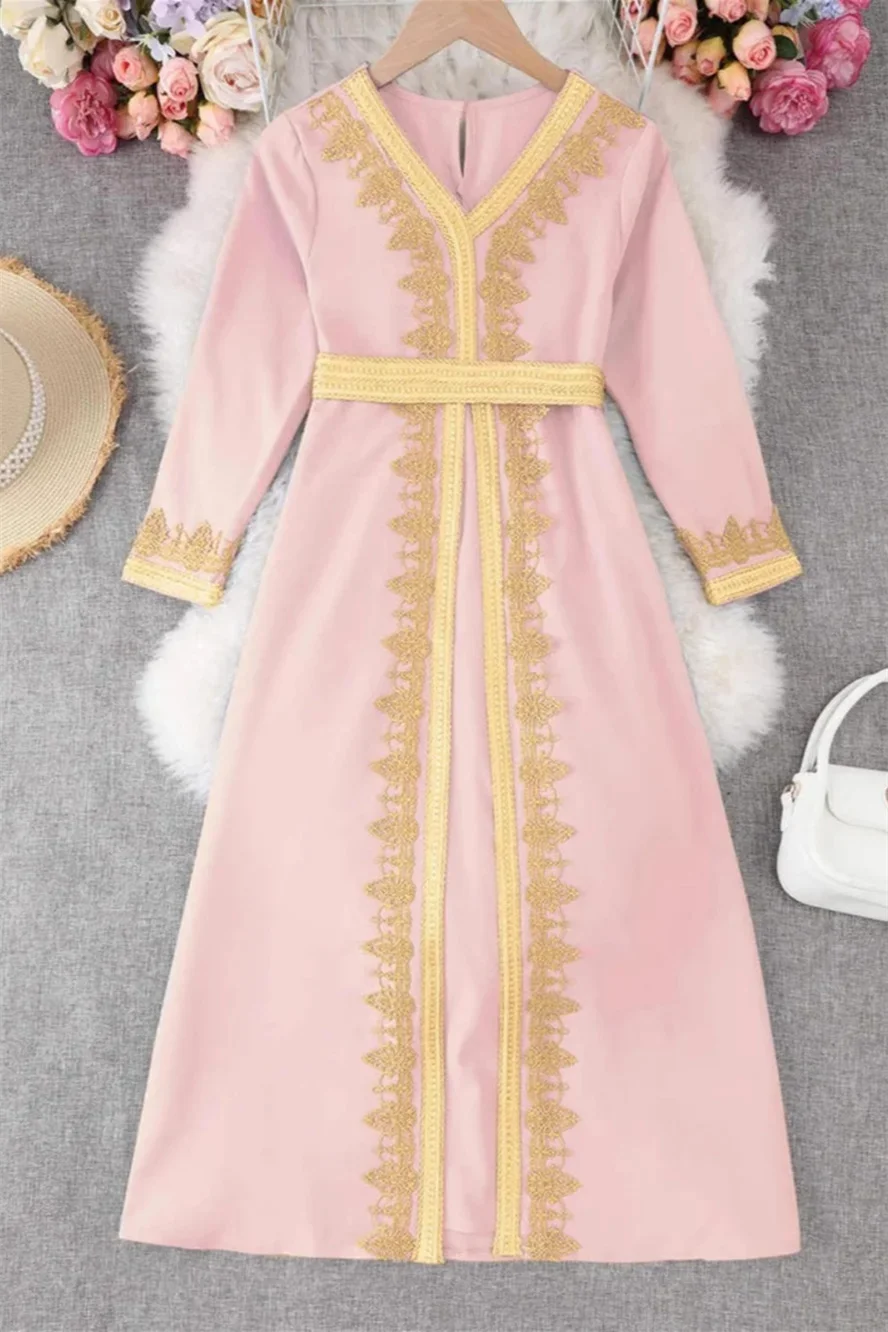 

Flower Girl Dresses For Wedding Muslim Dress Full Sleeve V Neck Kids First Communion Birthday Party Gowns with Belt Custom