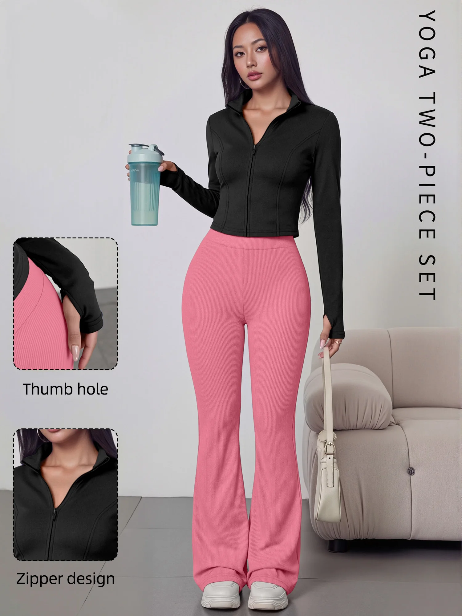 European American Women Ribbed Knit Two Piece Set, Long Sleeve Zip Top With High Waist Flare Pants, Casual Slim Daily Outfit