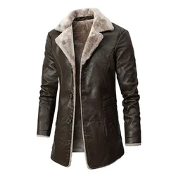 2023 Men Winter Long Thick Fleece PU Leather Jacket New Winter Fashion Suit Collar Men's Windbreaker Leather Jacket Coats