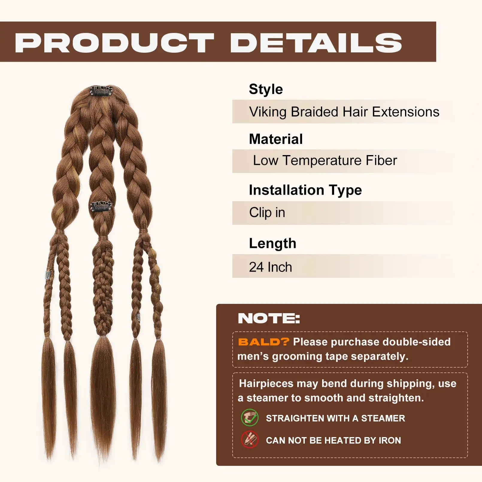 24" Clip In Braided Ponytail Hairpiece for Halloween Viking Costume Renaissance Warrior Accessories - Warm Brown with Highlights image 3