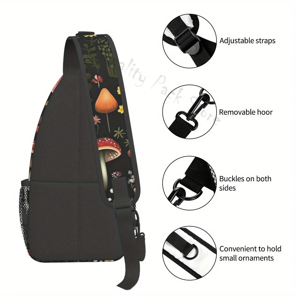 Mushroom Sling Backpack Mushroom Crossbody Bag Travel Hiking Shoulder Chest Bag Daypack Zipper Head/Hidden