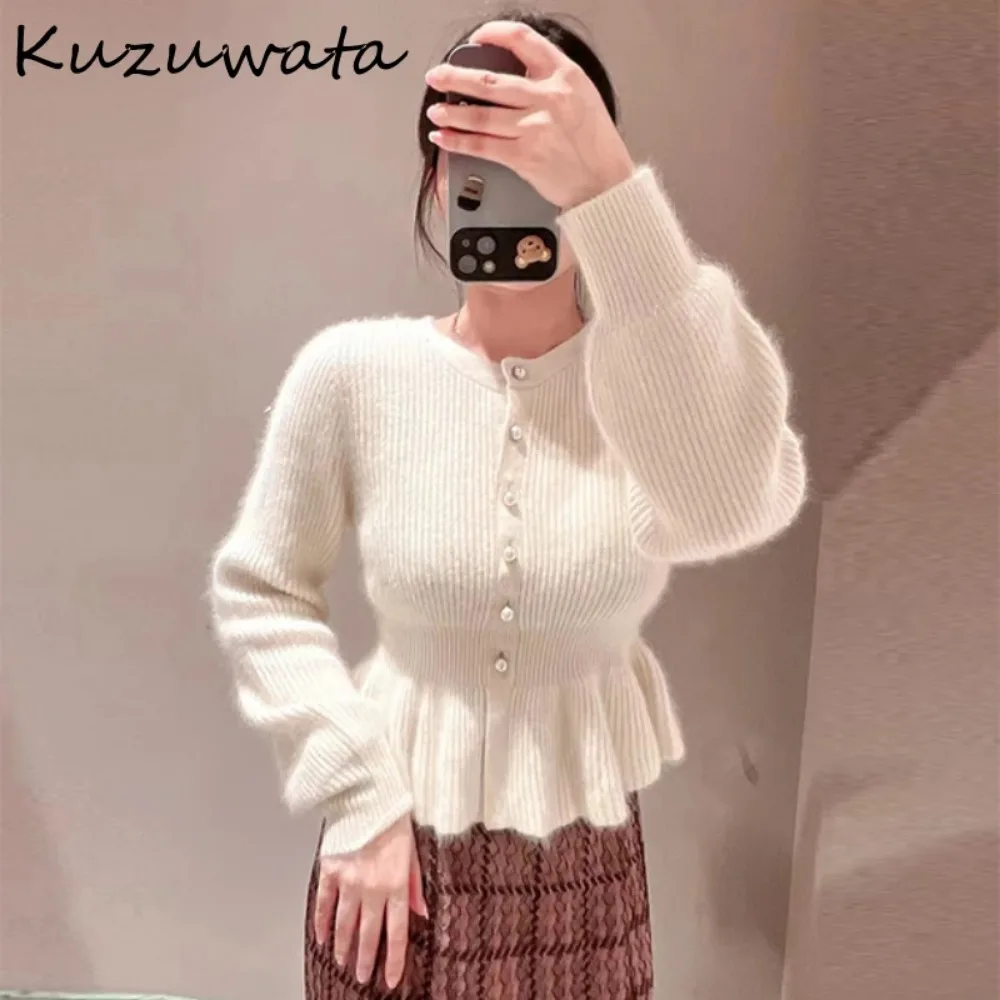 Kuzuwata Lantern Sleeve O Neck Sweet Jumper Fresh Single Breasted Slim Fit Sweaters Japan Knit Casual Elegant Wavy Edge Tops