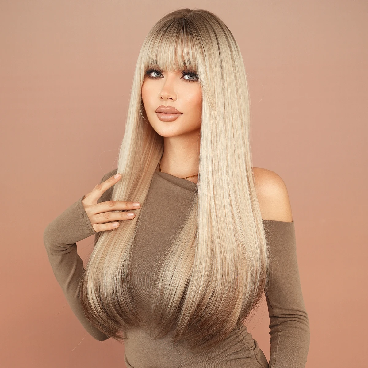 NAMM Long Straight Beige muslimah parrucca per le donne capelli coda tintura festa quotidiana parrucche sintetiche a strati resistenti al calore con frangia