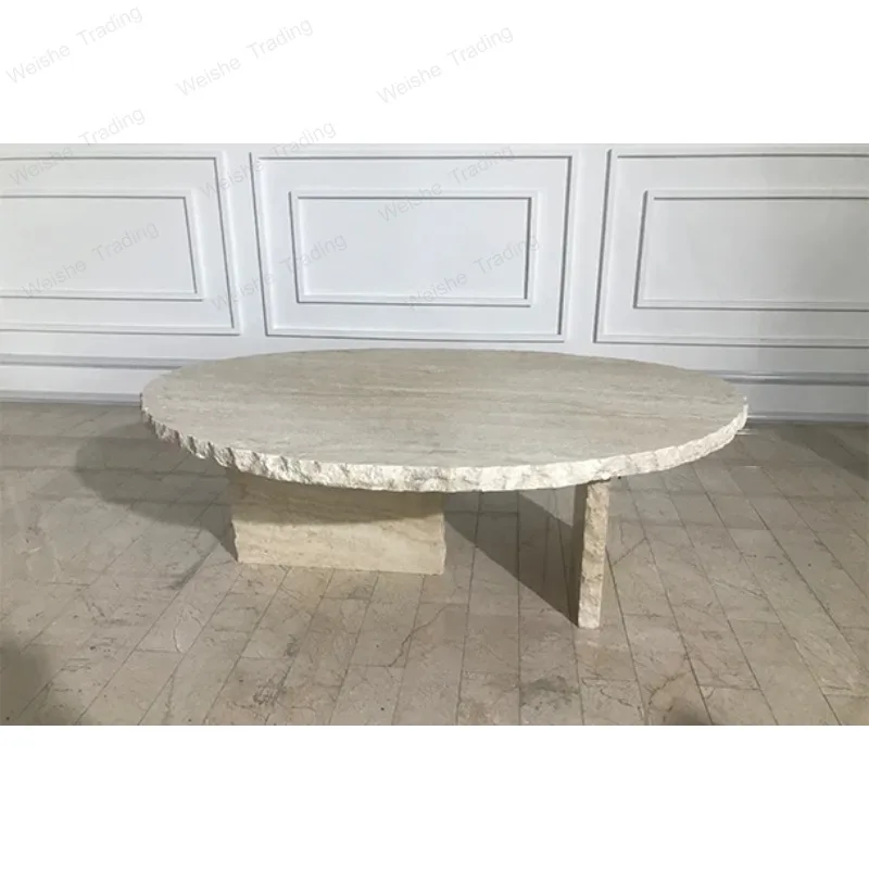 

" Luxury Coffee Table - Cracked Travertine Top with Marble Base, Small Space Living Room Centerpiece"