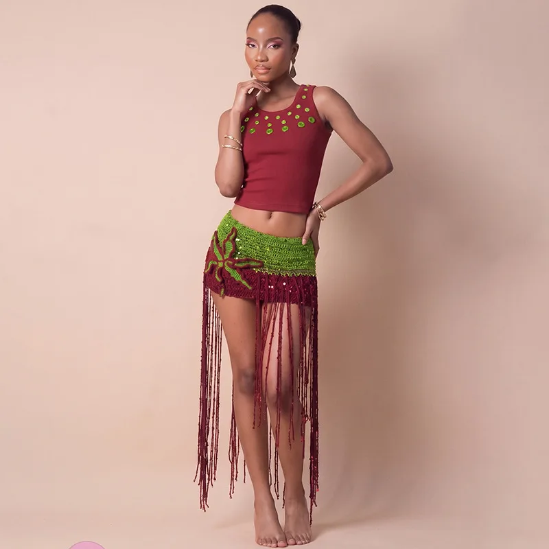 Floral Crochet Color Patchwork Sequins Tassel Knitted Bodycon Mini Skirts Women Fashion Slim Vacation Beach Bottoms Clubwear