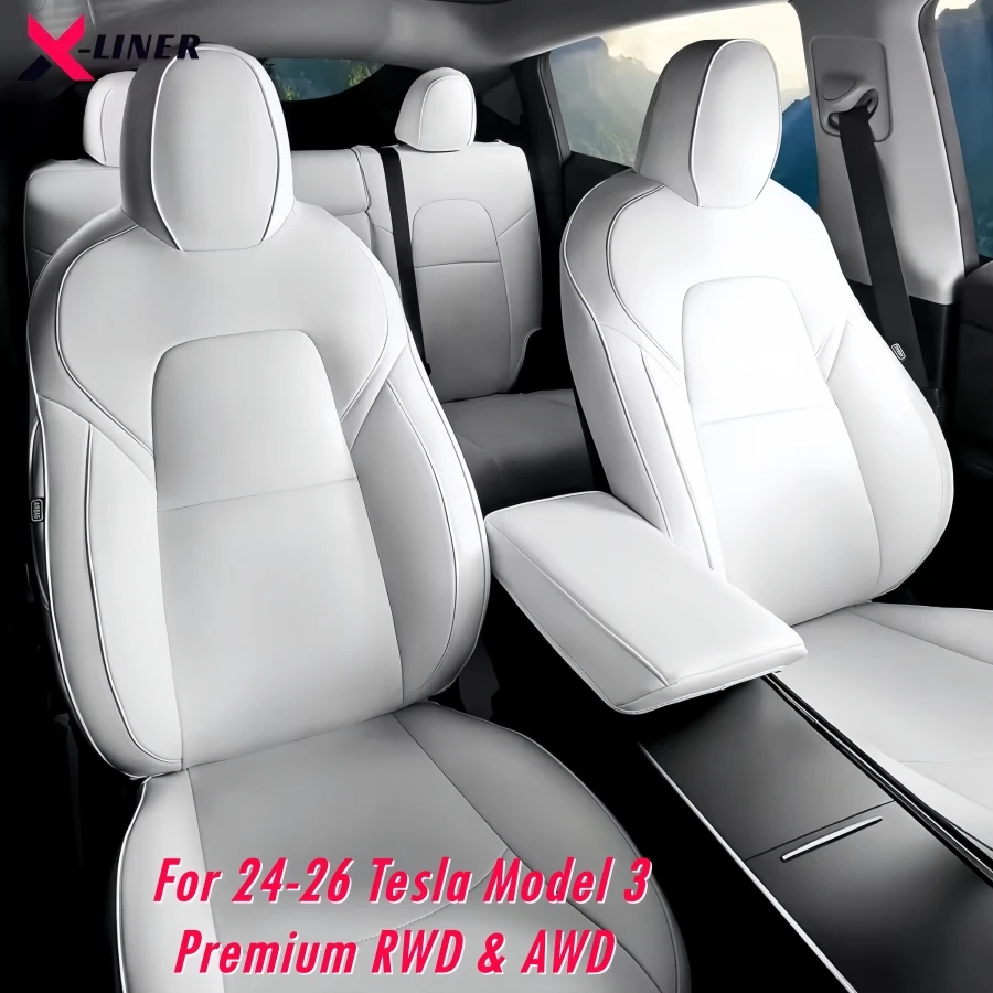 For 2024-2026 Tesla Model 3 Highland Premium RWD & AWD Fully Seat Covers Nappa Leather Front Rear Car Seat Cushion Armrest Cover