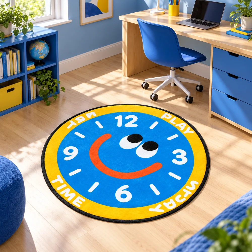 Smiling Face Blue Yellow Clock Shaped Area Rug Flannel Floor Mat Round Rug for Living Room Bedroom Entryway Home Decor Gift