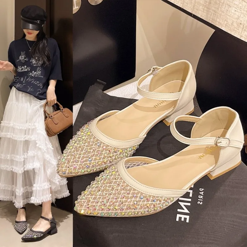 

Luxury Designer Bling String Bead Mesh High Heels Women Sexy Pointy Toe Breathable Heeled Sandals Elegant Slingbacks Women Pumps