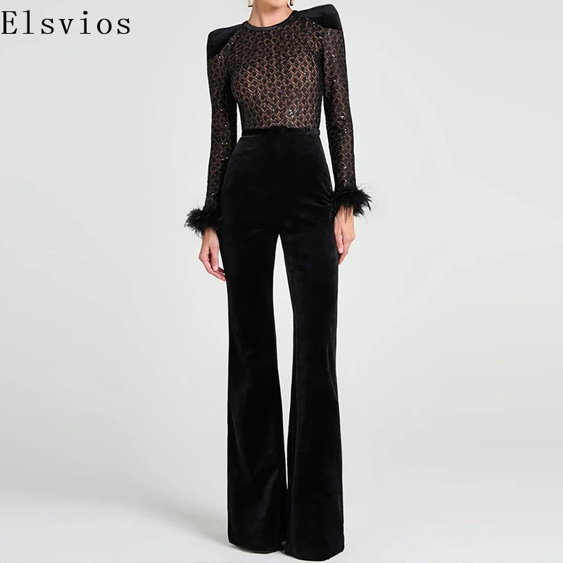 Luxury Lattice High Waist Wide Leg Long Jumpsuit Women Patchwork Velvet Slim Party Rompers 2025 Long Sleeve Feather Combination