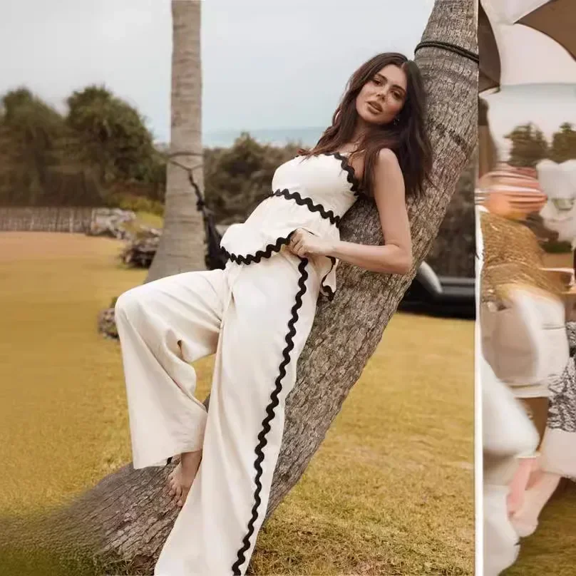 Ruffle Sling Top Two Piece Set Women Elegant Stripe Sleeveless Tops Wide Leg Pants Female Suit Summer High Waist Pants Suits Y2k