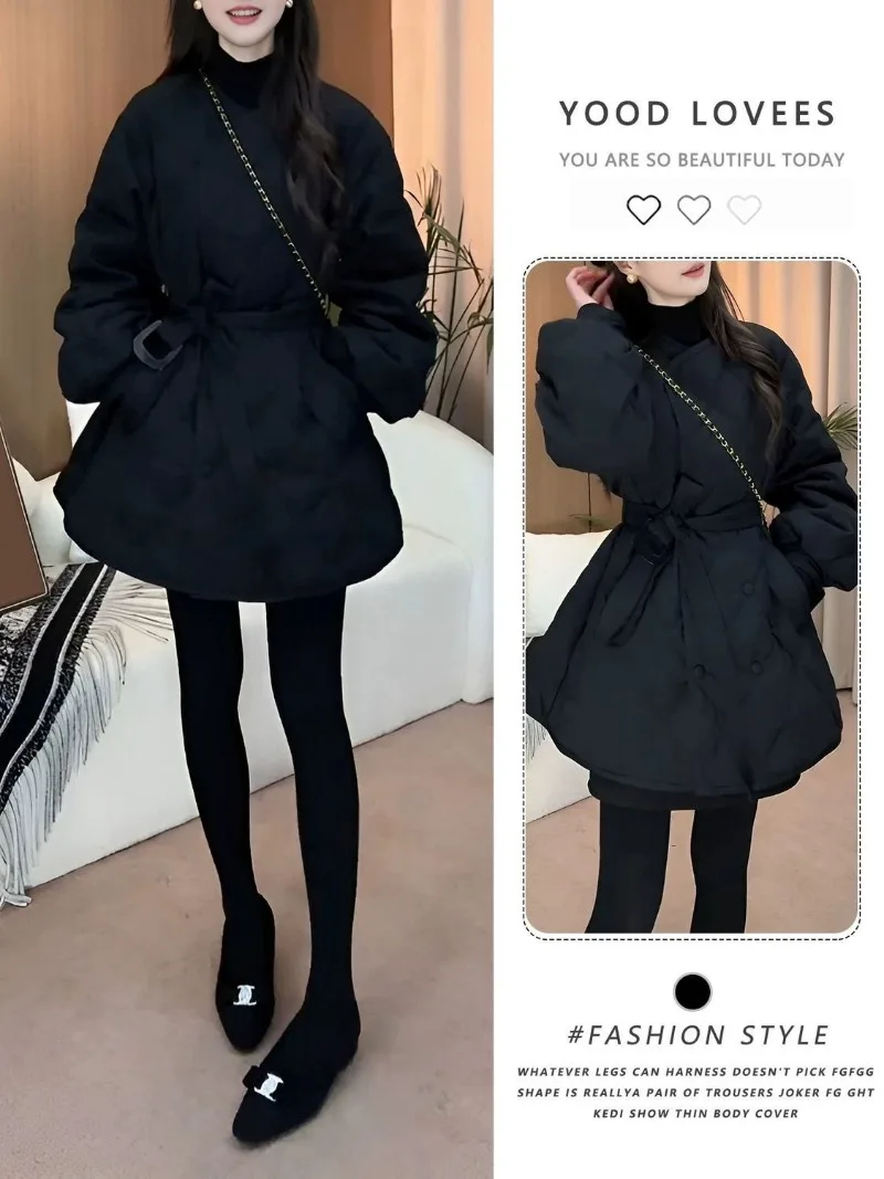 Women's Outerwear 2025 Winter Hot Item Korean Small Commuting Style Medium Long Diamond Grid Waist Clip Cotton Thick Jacket WLF