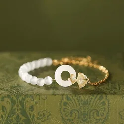 925 Sterling Silver Bracelet White Jade Golden Gingko Leaf Geometric For Woman Girl Fashion Jewelry Gift Dropship Wholesale