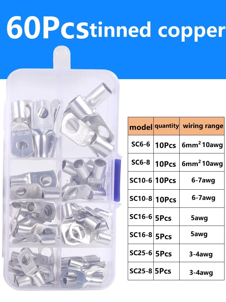 60PCS SC Tinned Copper Lug Ring Wire Connectors Bare Cable Terminals for Electrical Wiring And Circuit Building
