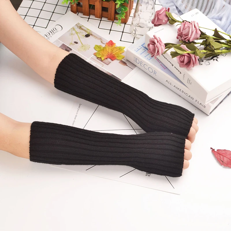 We.Fine Women Knitted Long Arm Warmer Fingerless Gloves Winter Soft Fashion Solid Arm Sleeve Casual Girls Clothes Punk Gloves