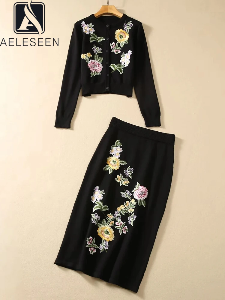 AELESEEN Women Sicilian Knitted Set Design Fashion Black Autumn Winter Flower Embroidery Appliques Sweater+ Waist Elastic Skirt