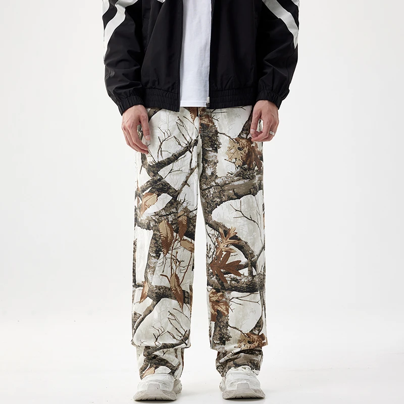 Amerikaanse Getij Tak Esdoornblad Heren Jeans High Street Rechte Losse Casual Broek Graffiti Camouflage Herenbroek Streetwear