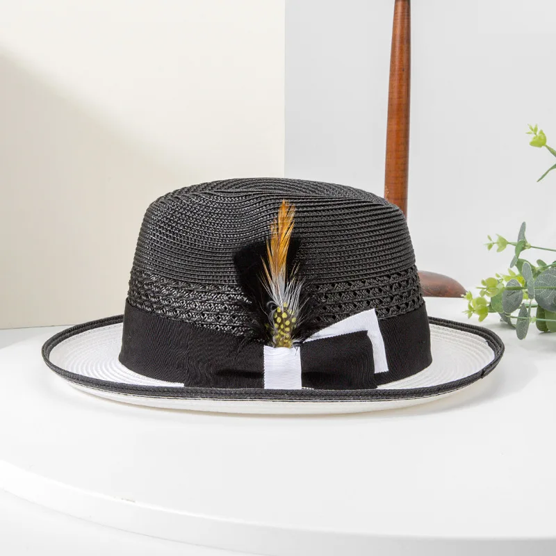 2024 New seaside UV protective  sunshade  straw hat fashion feather decoration jazz casual top hat for men and women outdoor