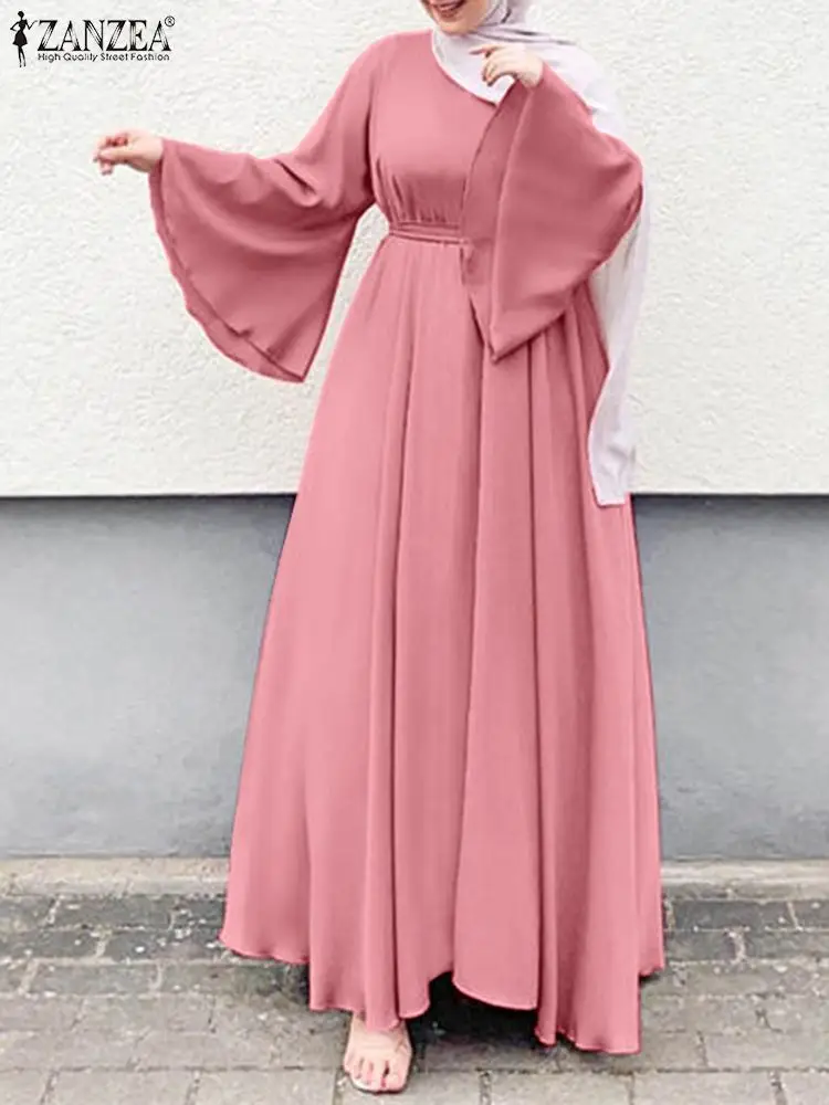 ZANZEA damska muzułmańska sukienka Maxi jednokolorowa O-Neck z długim rękawem turecka szata Abaya moda Casual elegancka impreza ponadgabarytowa Vestidos