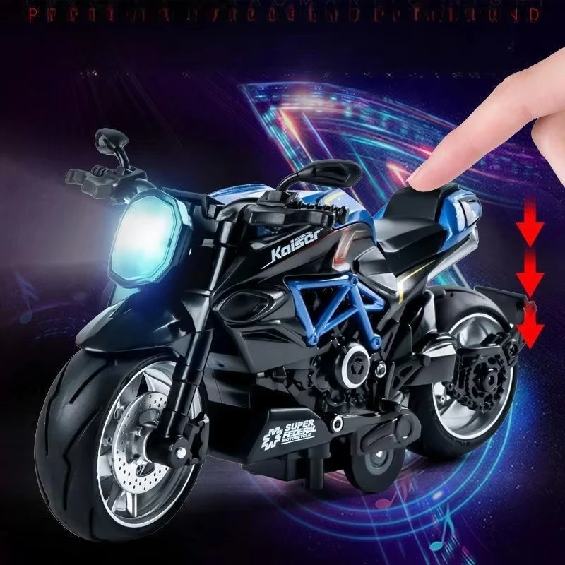 ダイキャスト合金製バイクのおもちゃ、プルバック式バイク、サウンドとライト付き、1:12摩擦動力式子供用おもちゃの車、バイクのおもちゃ