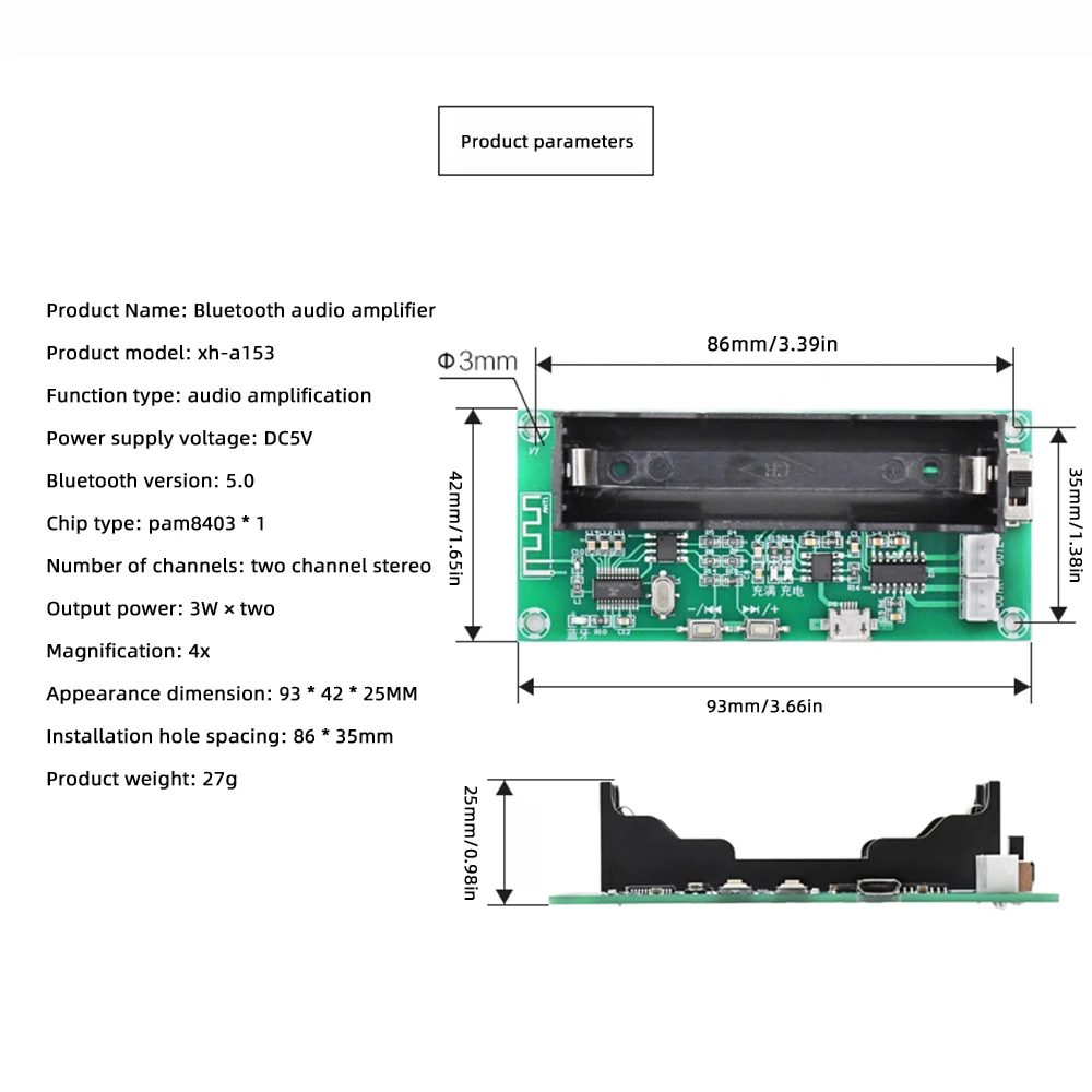 XH-A153 kompatybilna z Bluetooth płyta wzmacniacza Audio DC 5V 3W * 2 2.0 kanał typu C Micro USB z 18650 obudowa baterii do głośników