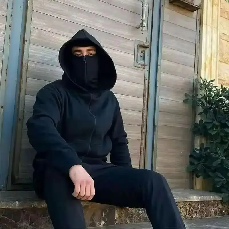 Men's Winter Hoodie with Balaclava Face Mask Zipper Design Sports Jacket for Outdoor Activities Hiking Travel Running Sweatshirt