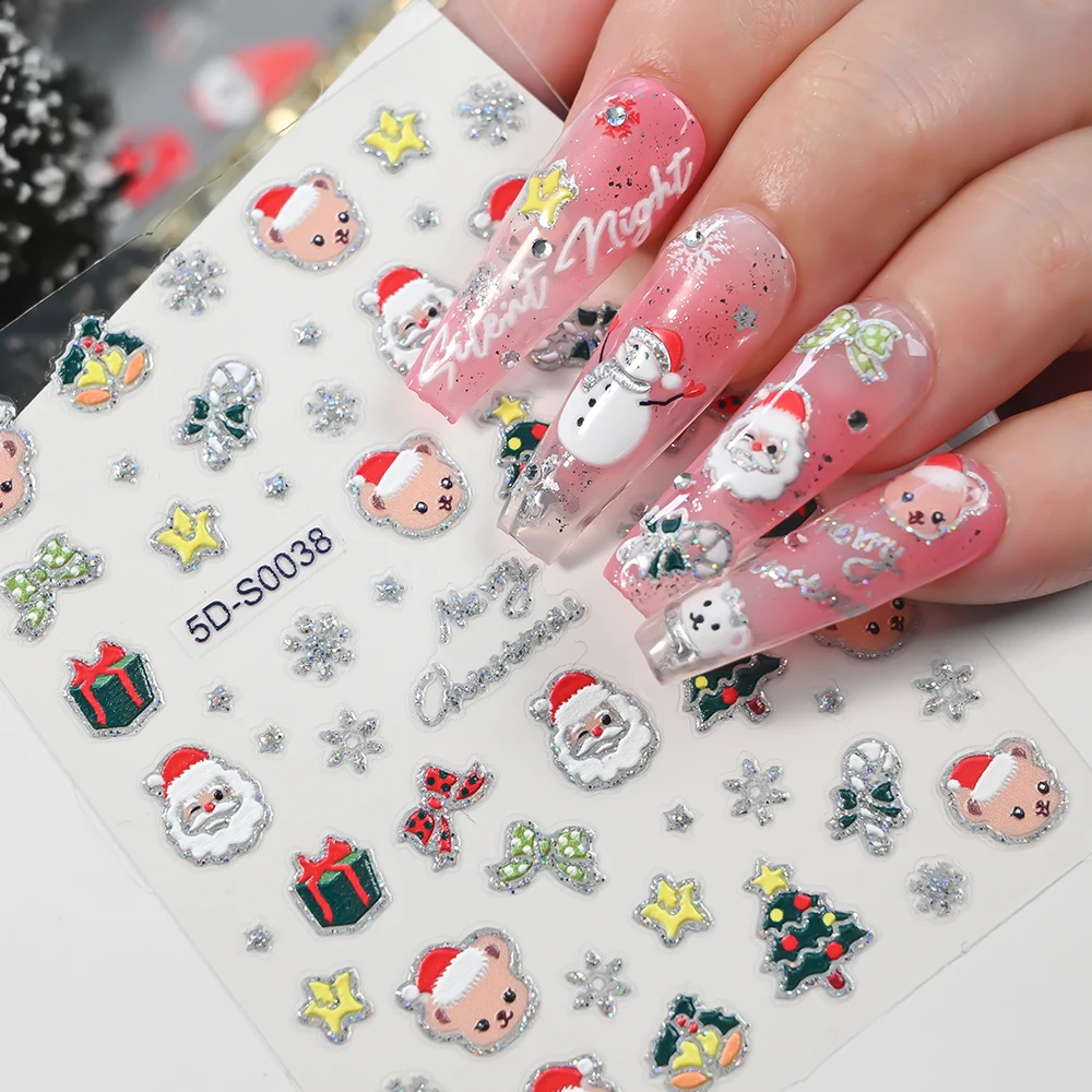 20 stks 5D Laser Zilver Glitter Kerst Nagelstickers Sneeuwpop Kerstman Pinguïns Elanden Nagelstickers Party Favor Vakantie Decorateur