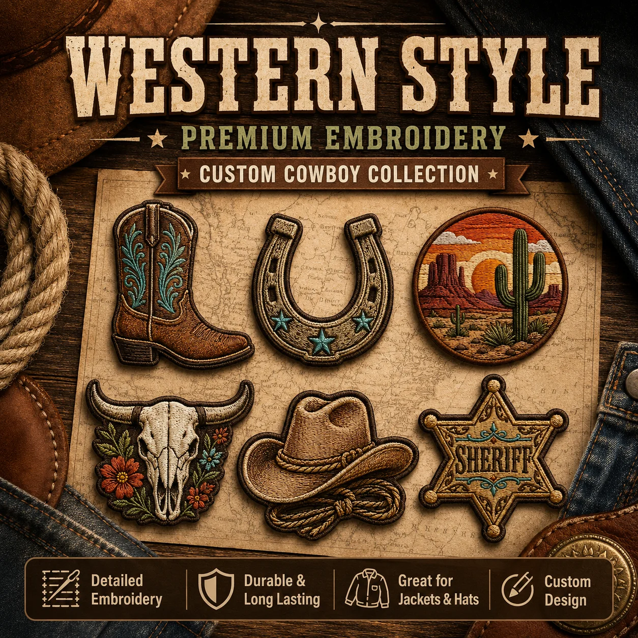 Custom Western Cowboy Embroidered Patches Personalized Logo Name Iron On Sew On for Jackets Hats Bags Boots Clubs Outdoor Gear