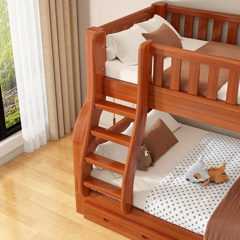 เตียงสองชั้นไม้จริง แบบสูงต่ำ เตียงไม้สองชั้นบนล่าง สำหรับอพาร์ทเมนต์ขนาดเล็ก แบบอเนกประสงค์